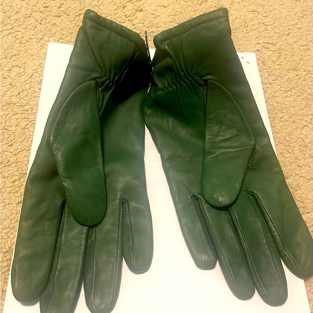 New green leather gloves.